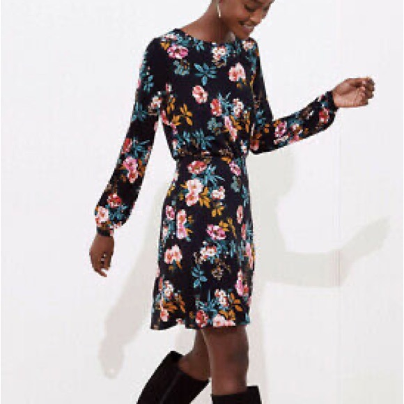 LOFT Open Back Black Floral Long-Sleeve Mini Dress Pink & Teal Accents size 14 - Picture 4 of 16